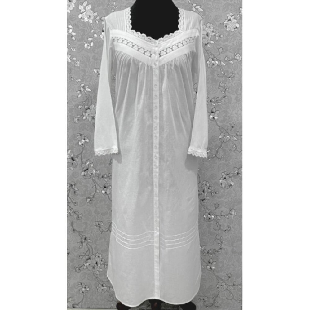 Victorian Cotton Nightgown by SoieRose – Button-Front Lace Trim Nightie -SR-1226